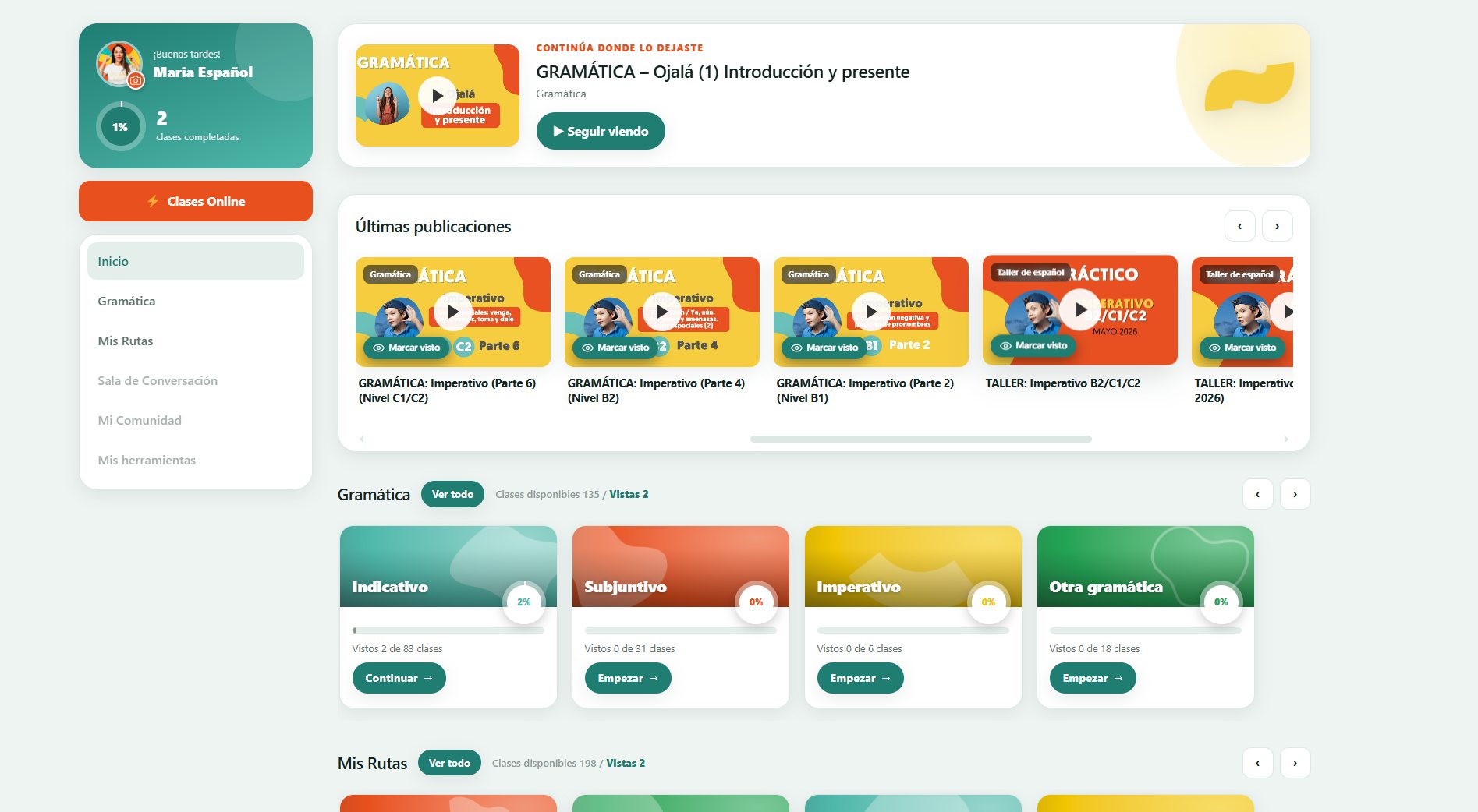 Panel principal del Aula Online: la clase que dejaste a medias, las últimas publicaciones y tus bloques de gramática con su avance